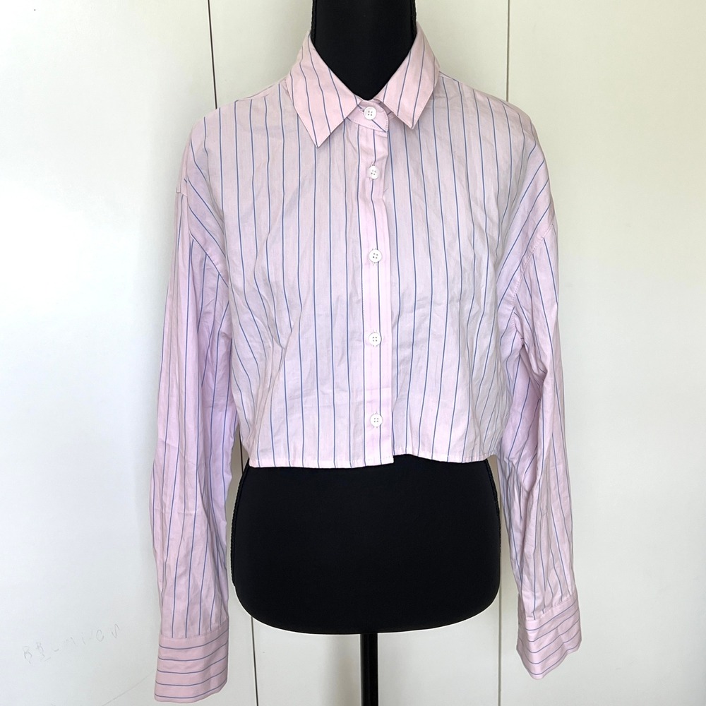 Pull&Bear Small Pink Striped Cropped Button-Up Long Sleeve Sexy Academia y2k‎